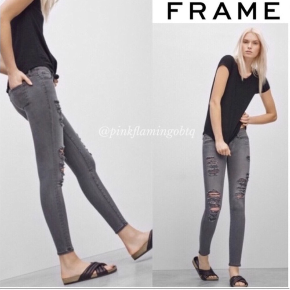 FRAME Denim “Le Skinny Jeanne” Grey Skinny Distressed Jeans Size 27